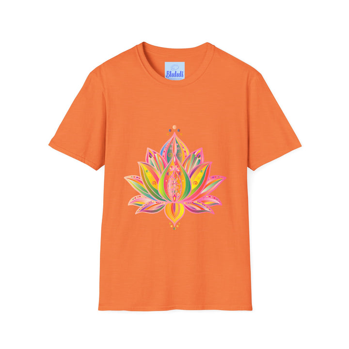 Lotus Mandala Unisex T-Shirt - Hand-Drawn Unique Design - Blululi, a beautiful and intricate lotus mandala design adorning a comfortable unisex t-shirt in a stunning blend of colors