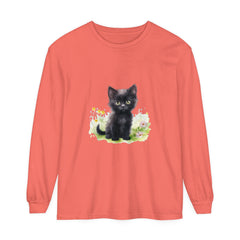 A cute black kitten playing in a vibrant flower garden printed on a long sleeve t-shirt