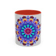 Beautiful white ceramic mug with intricate mandala design in vibrant colors