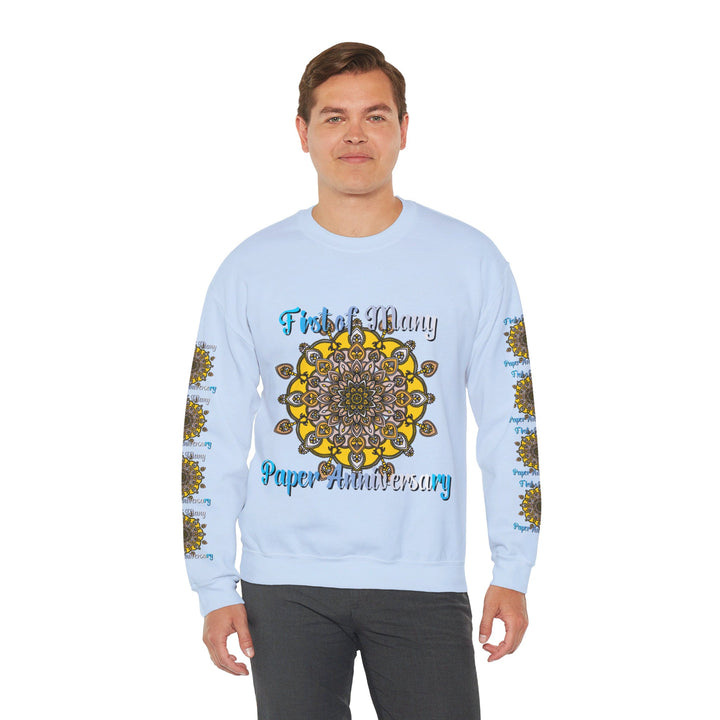 White Unisex Heavy Blend™ Crewneck Sweatshirt with 'First of Many, Paper Anniversary' design