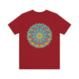 Colorful and intricate psychedelic mandala design on a t-shirt promoting spiritual peace and harmony
