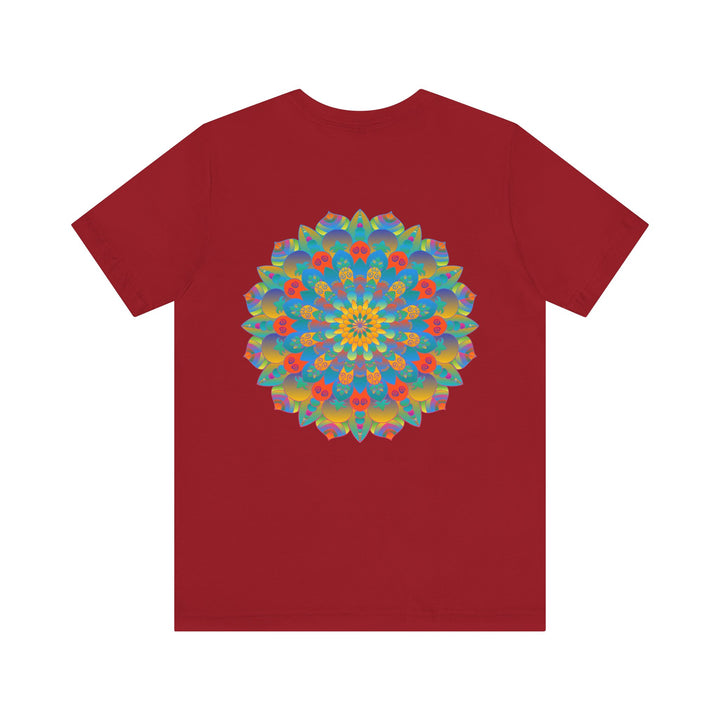 Colorful and intricate psychedelic mandala design on a t-shirt promoting spiritual peace and harmony