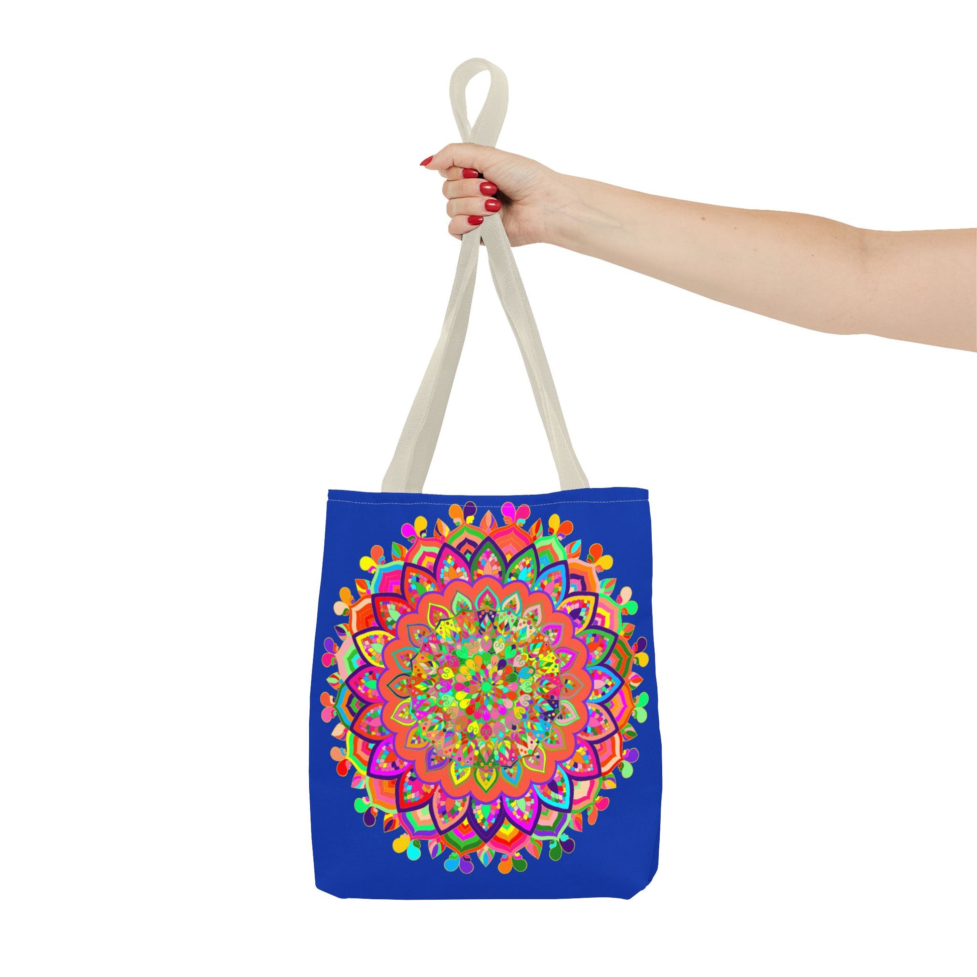 Dark blue tote bag featuring a striking and vibrant mandala artwork