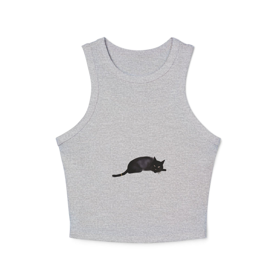 Black Cat Sleep Racerback Tank Top in black with cute cat design and comfortable fit for casual wear and lounging