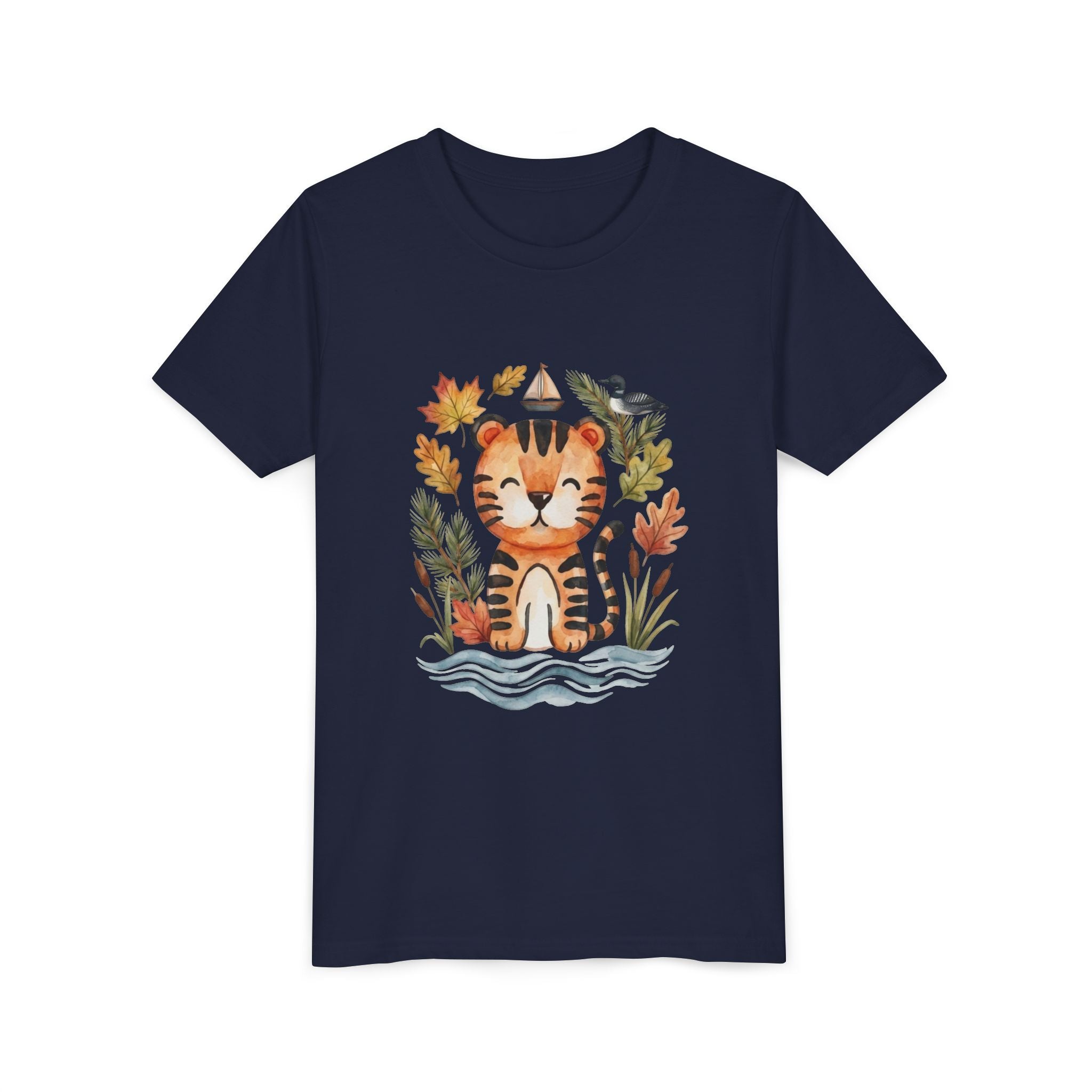 Kids Tiger Lake Ontario Tee — Watercolor Autumn Sailboat & Leaves Youth Short Sleeve Tee