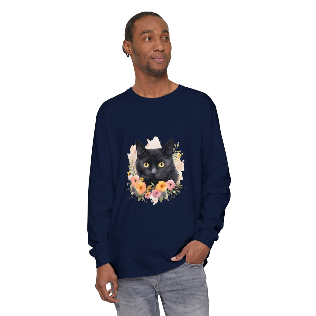 Black Cat Floral Portrait Unisex T-Shirt featuring a beautiful black cat surrounded by colorful flowers in a unique and eye-catching design