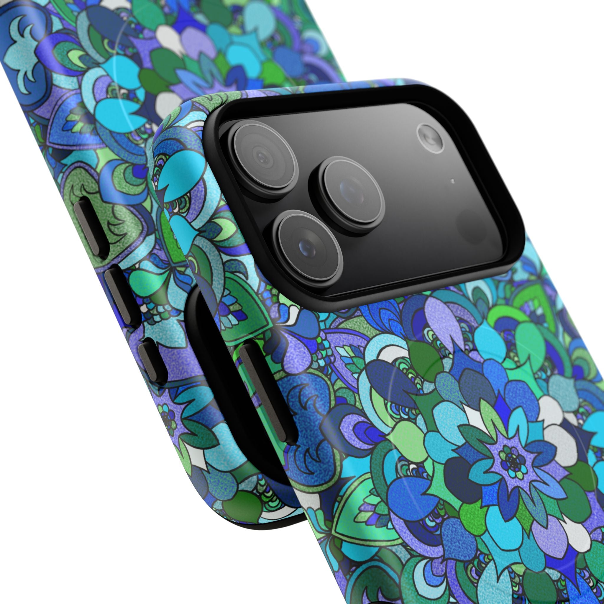 Cover Rigida Magnetica per Telefono con Mandala Floreale — Motivo Blu Verde