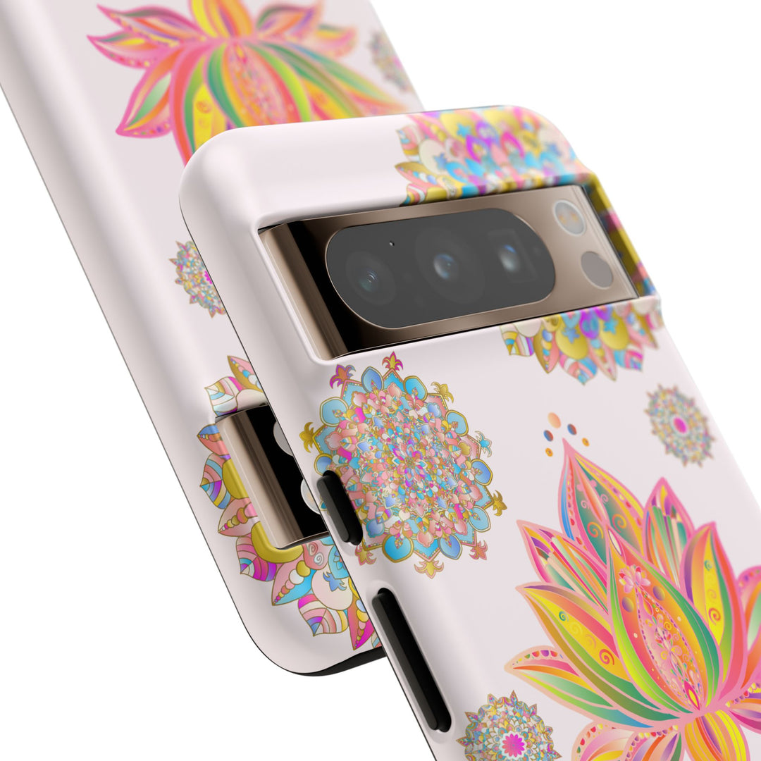 Beautiful light pink phone case with intricate mandala lotus flower design