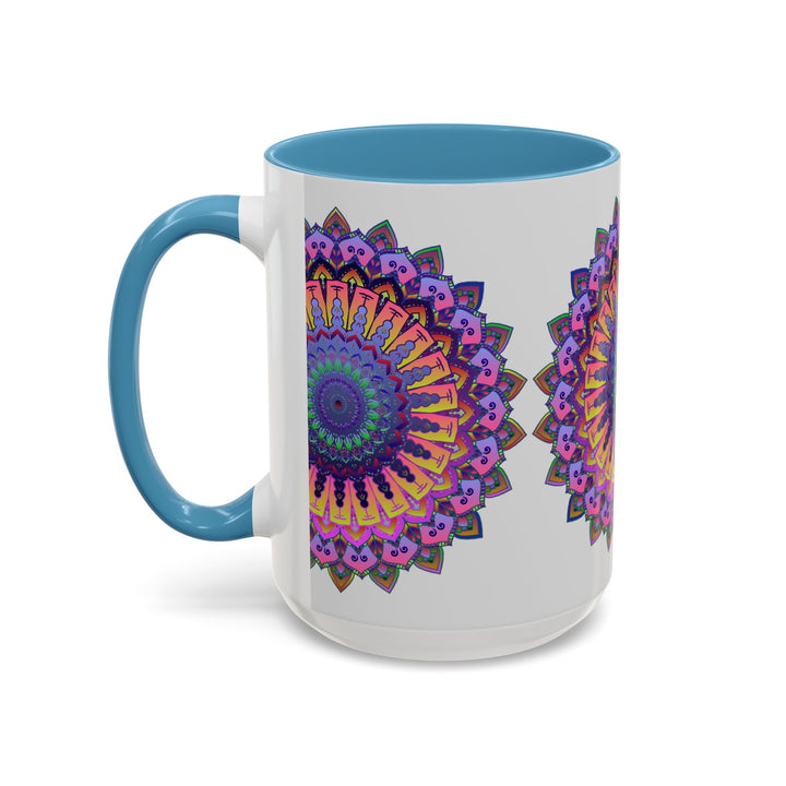 A close-up image of a mandala mug with vibrant and intricate art on a grey background, perfect for adding a pop of color to your morning routine