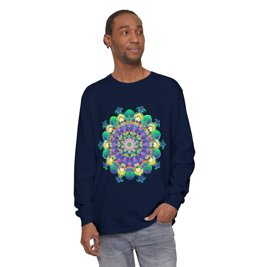 Colorful and intricate mandala design on a long sleeve t-shirt