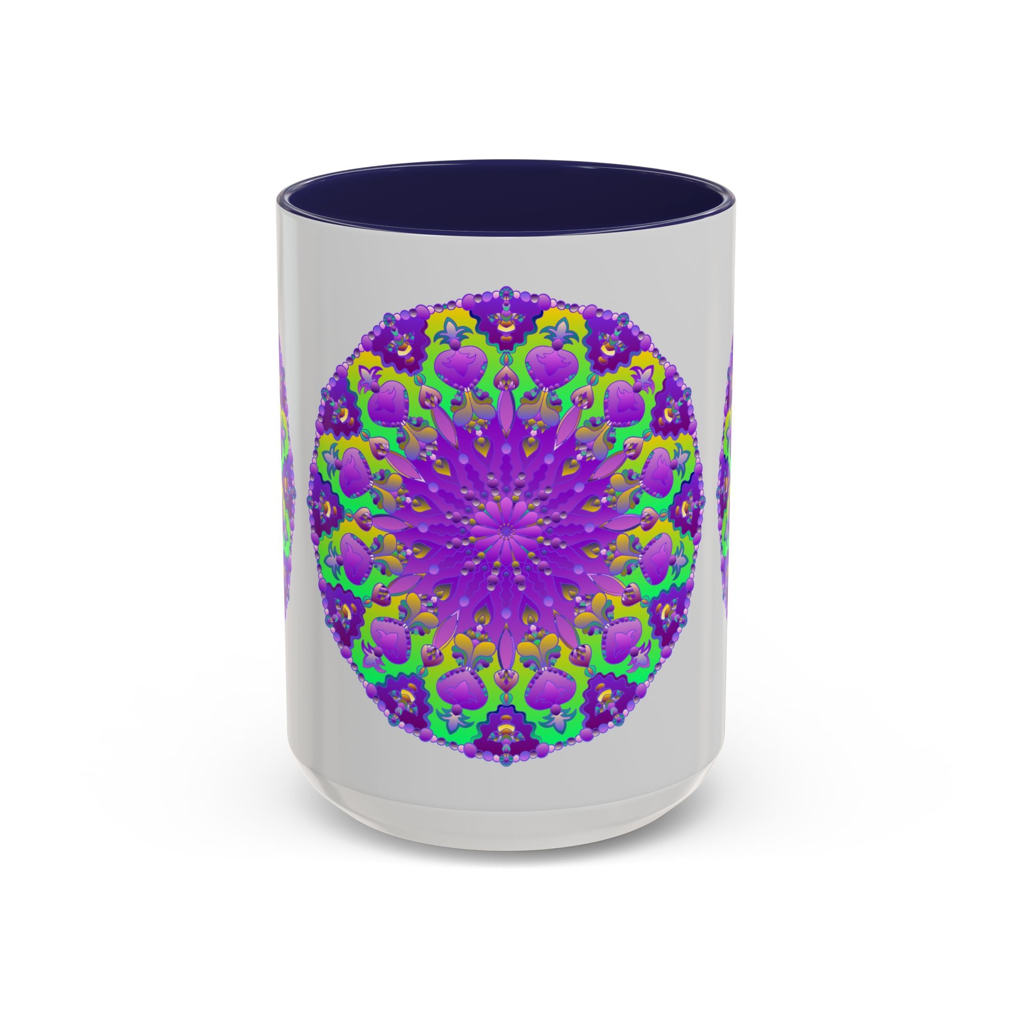 A beautiful purple mandala mug featuring vibrant art on a grey background