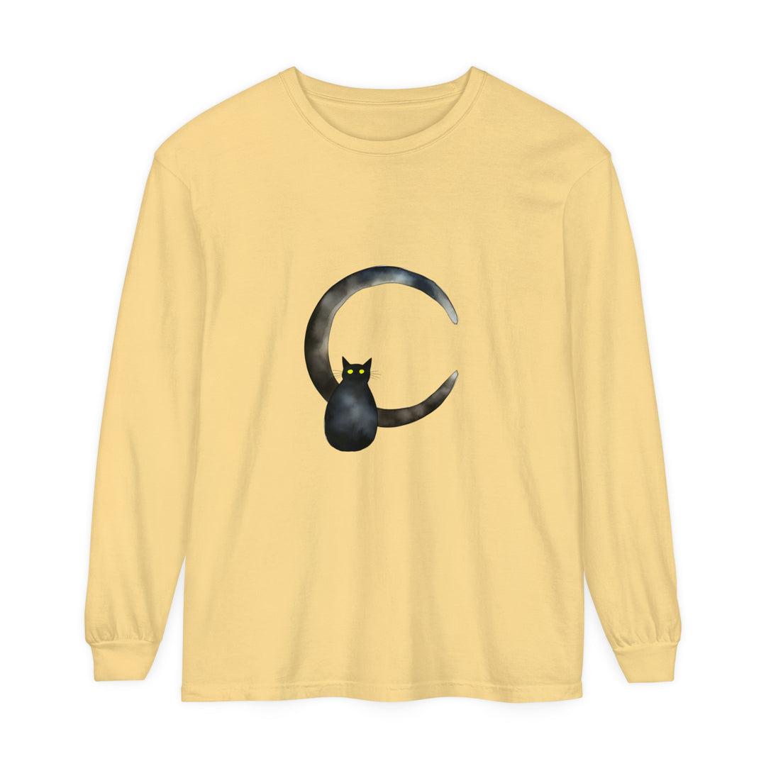 Graphic black cat and crescent moon design on a comfortable t-shirt