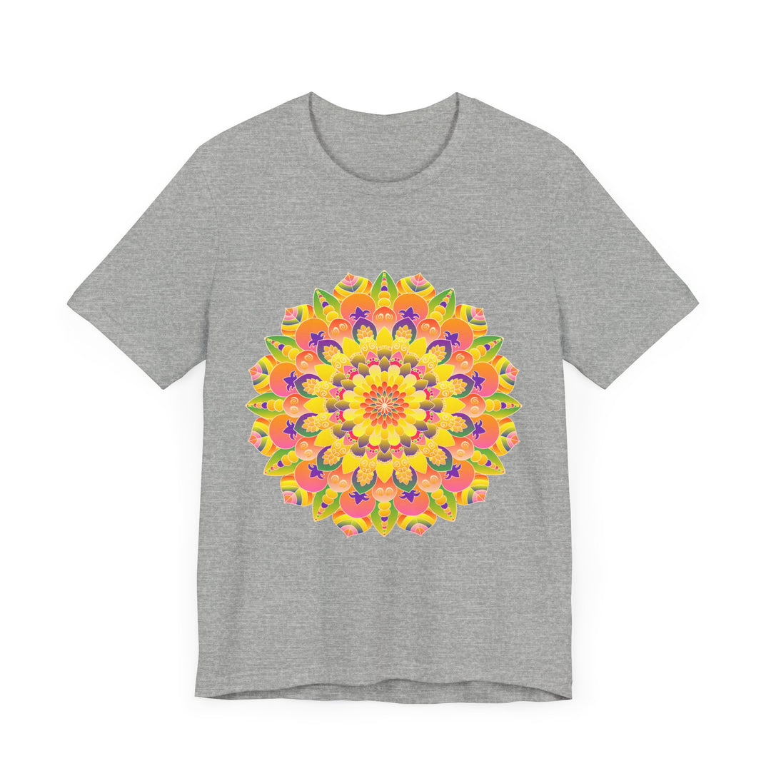 A close-up image of a colorful and intricate mandala tee with a spiritual art design, featuring vibrant shades of blue, purple, and yellow