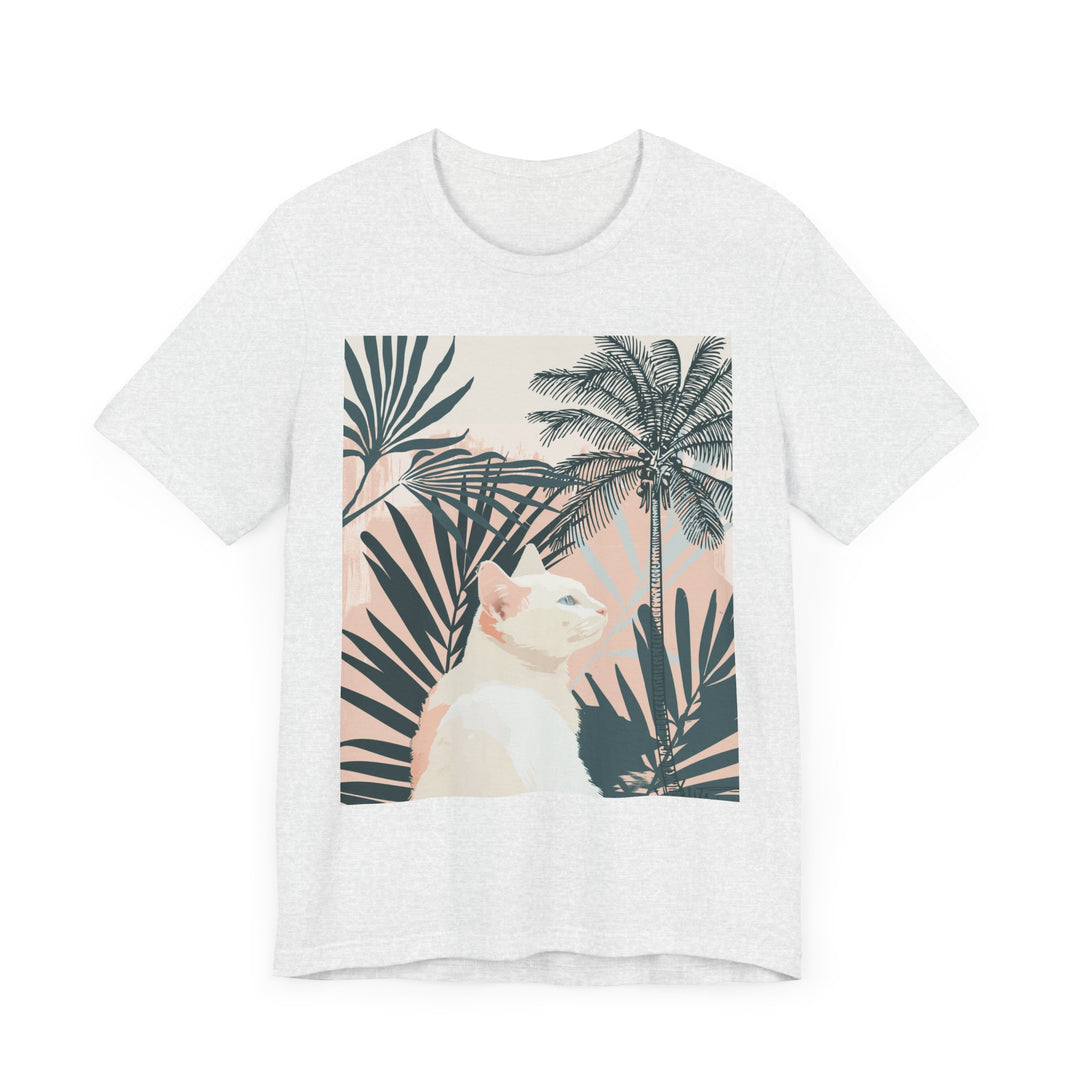 Trendy white cat tee with a chic palm leaf pattern