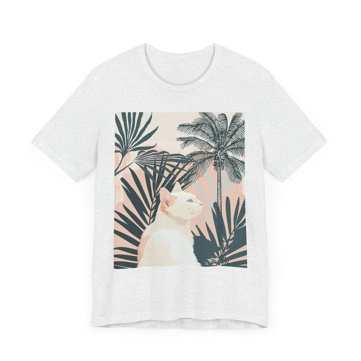 Trendy white cat tee with a chic palm leaf pattern