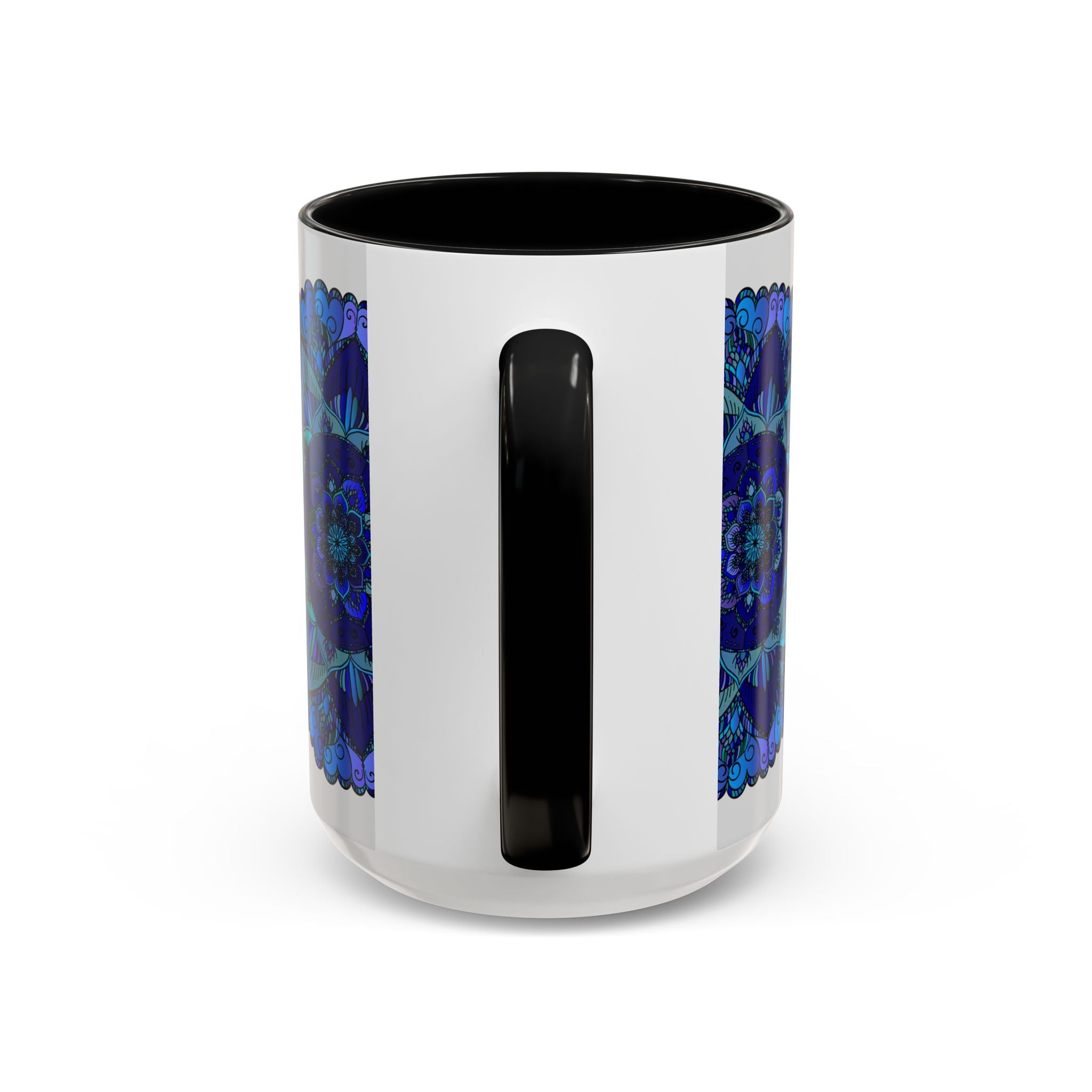 A beautiful blue and purple mandala design adorns this unique Bohemian art mug