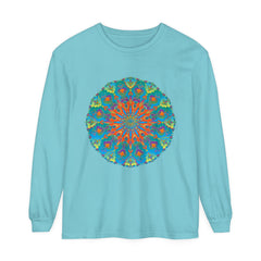 Colorful and intricate rainbow mandala design on a long sleeve t-shirt