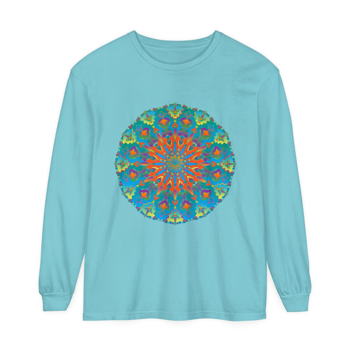 Colorful and intricate rainbow mandala design on a long sleeve t-shirt