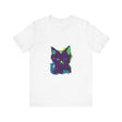 Neon Black Cat Mystery T-Shirt featuring a vibrant design of a mystical black cat against a neon background, perfect for cat lovers and mystery enthusiasts