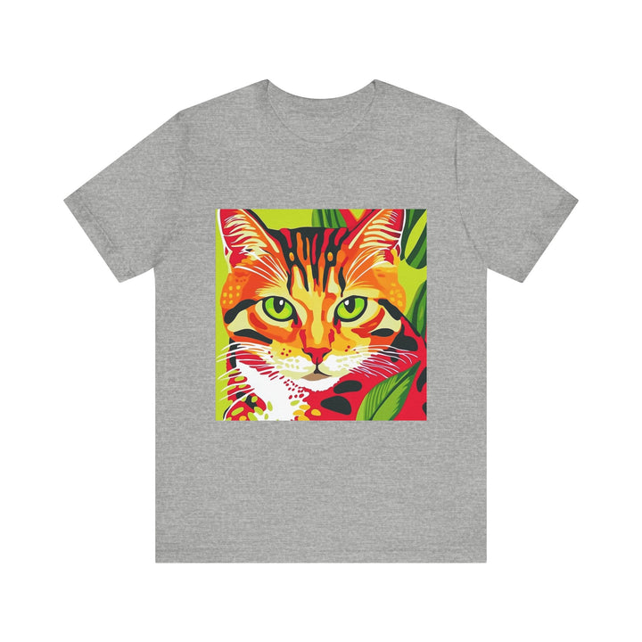 A colorful striped short sleeve tee with a cute cat design