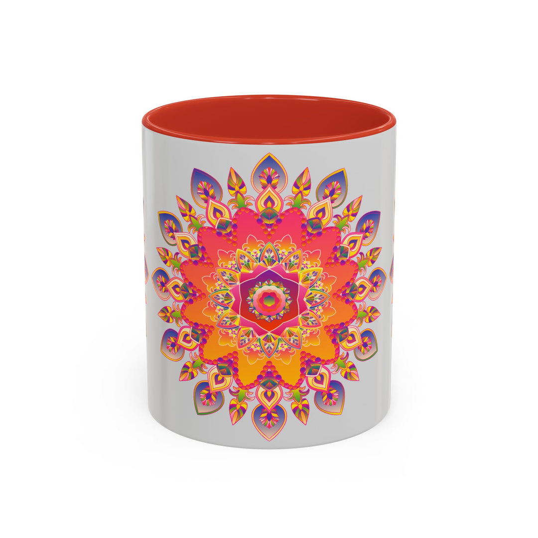 Beautiful Mandala Art Mug featuring vibrant colors on a grey background