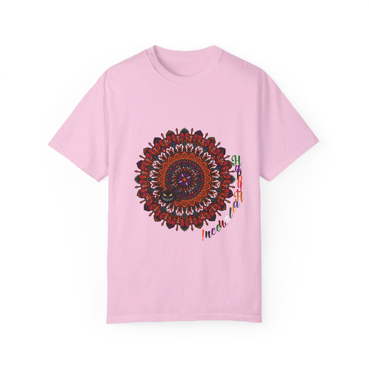 A close-up of a unisex Halloween Mandala T-shirt featuring handmade pumpkin mandala art in vibrant colors, on a garment-dyed tee