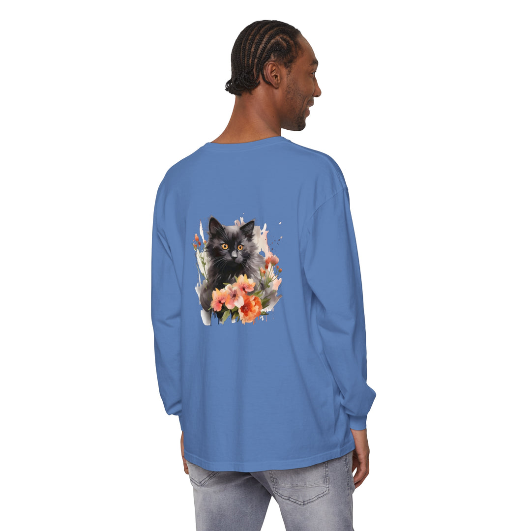 Black Cat & Flowers Watercolor T-Shirt featuring a beautiful watercolor design of a black cat surrounded by colorful flowers