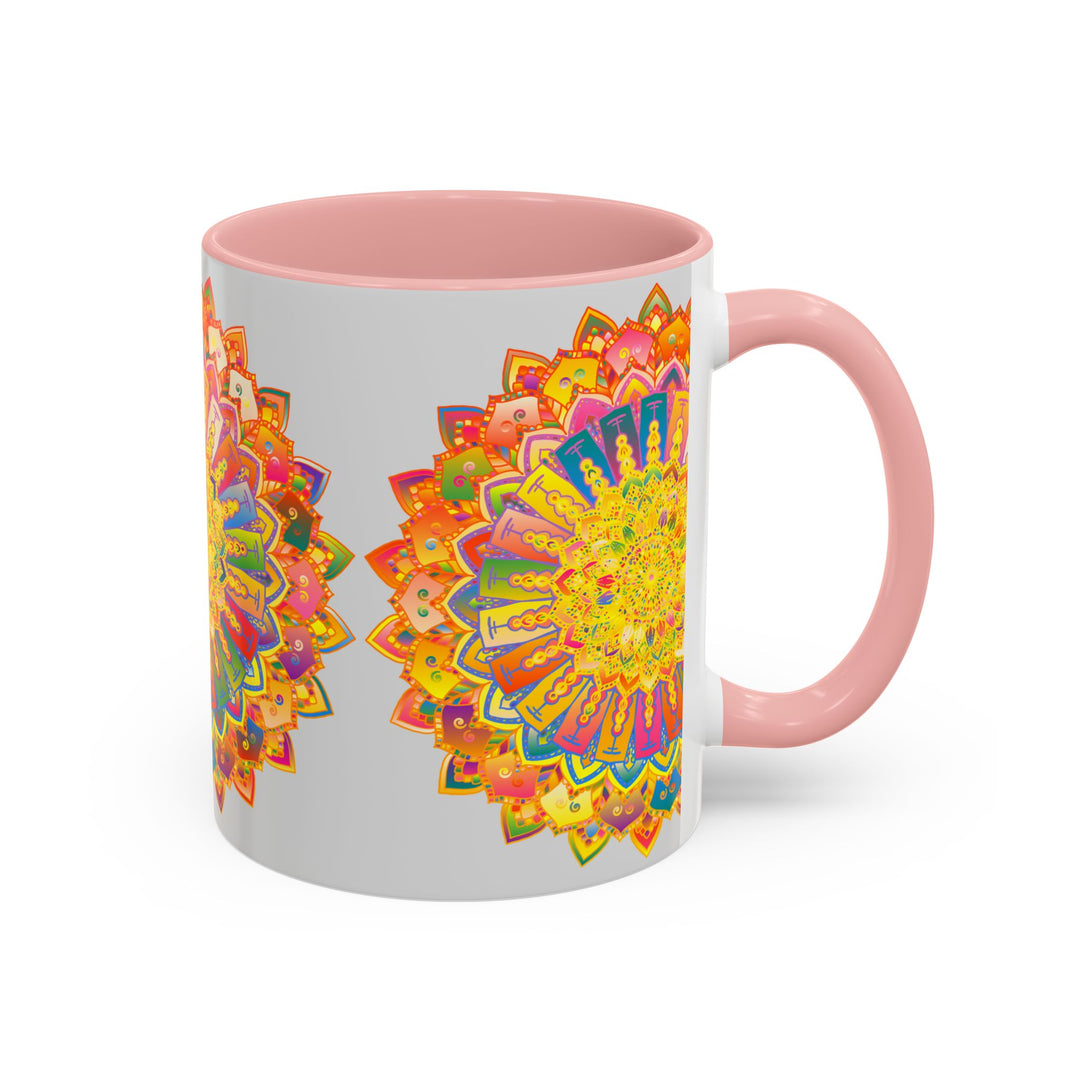 Colorful and intricate mandala artwork on a grey coffee mug