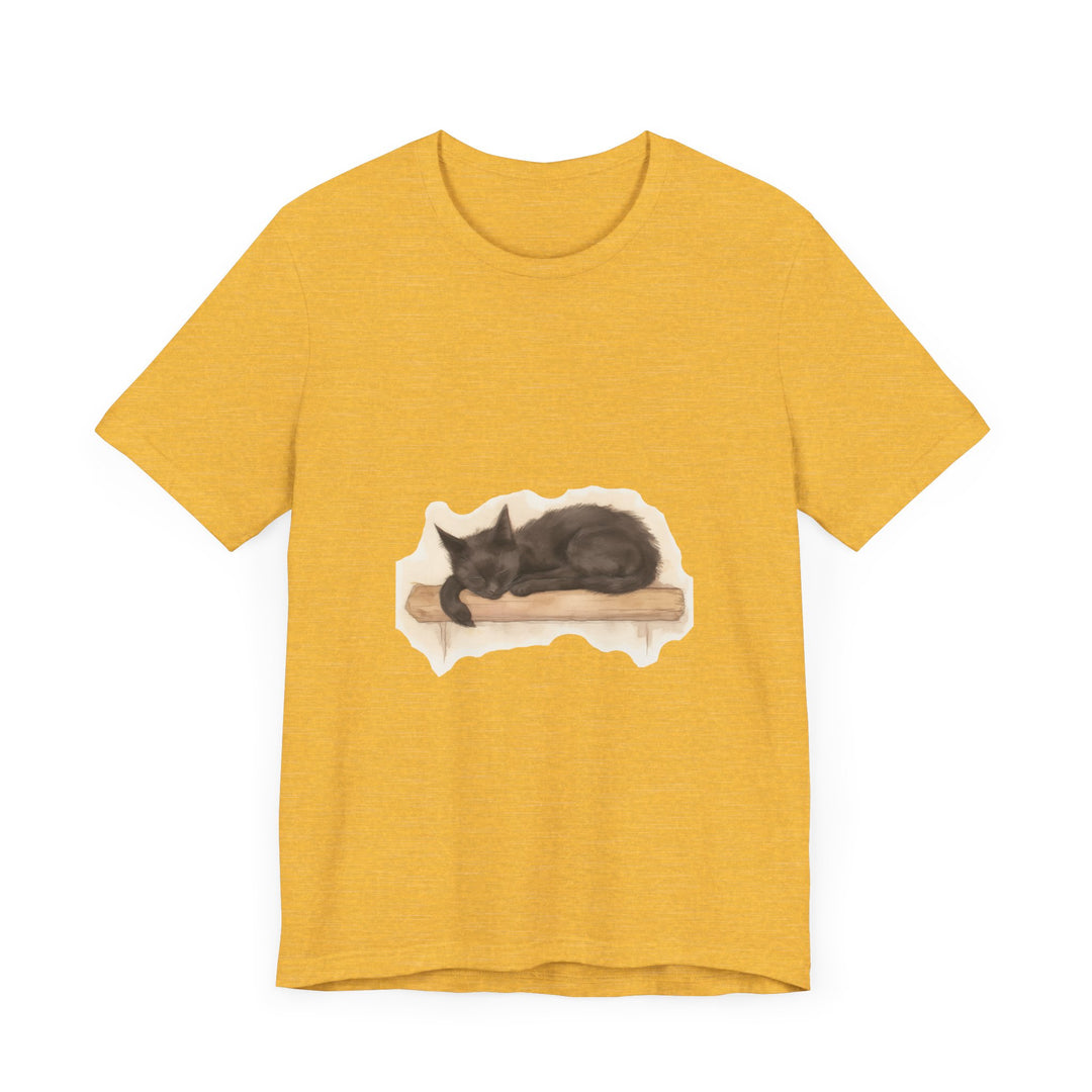 A beautifully detailed watercolor illustration of a sleeping black cat on a comfortable t-shirt