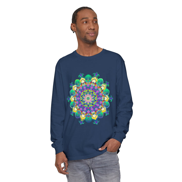 A close-up image of an intricate mandala design on a long sleeve t-shirt