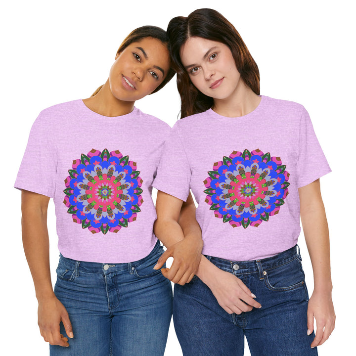 Vibrantly colored mandala geometric t-shirt featuring intricate designs and patterns