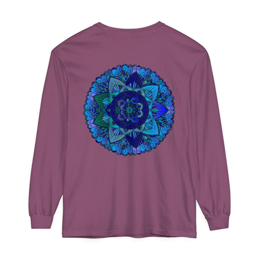 Dark Blue & Green Mandala Long Sleeve T-Shirt with intricate mandala design in vibrant shades of blue and green