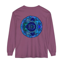 Dark Blue & Green Mandala Long Sleeve T-Shirt with intricate mandala design in vibrant shades of blue and green