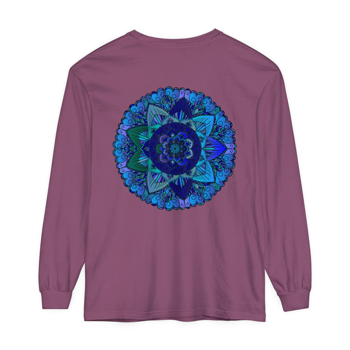 Dark Blue & Green Mandala Long Sleeve T-Shirt with intricate mandala design in vibrant shades of blue and green