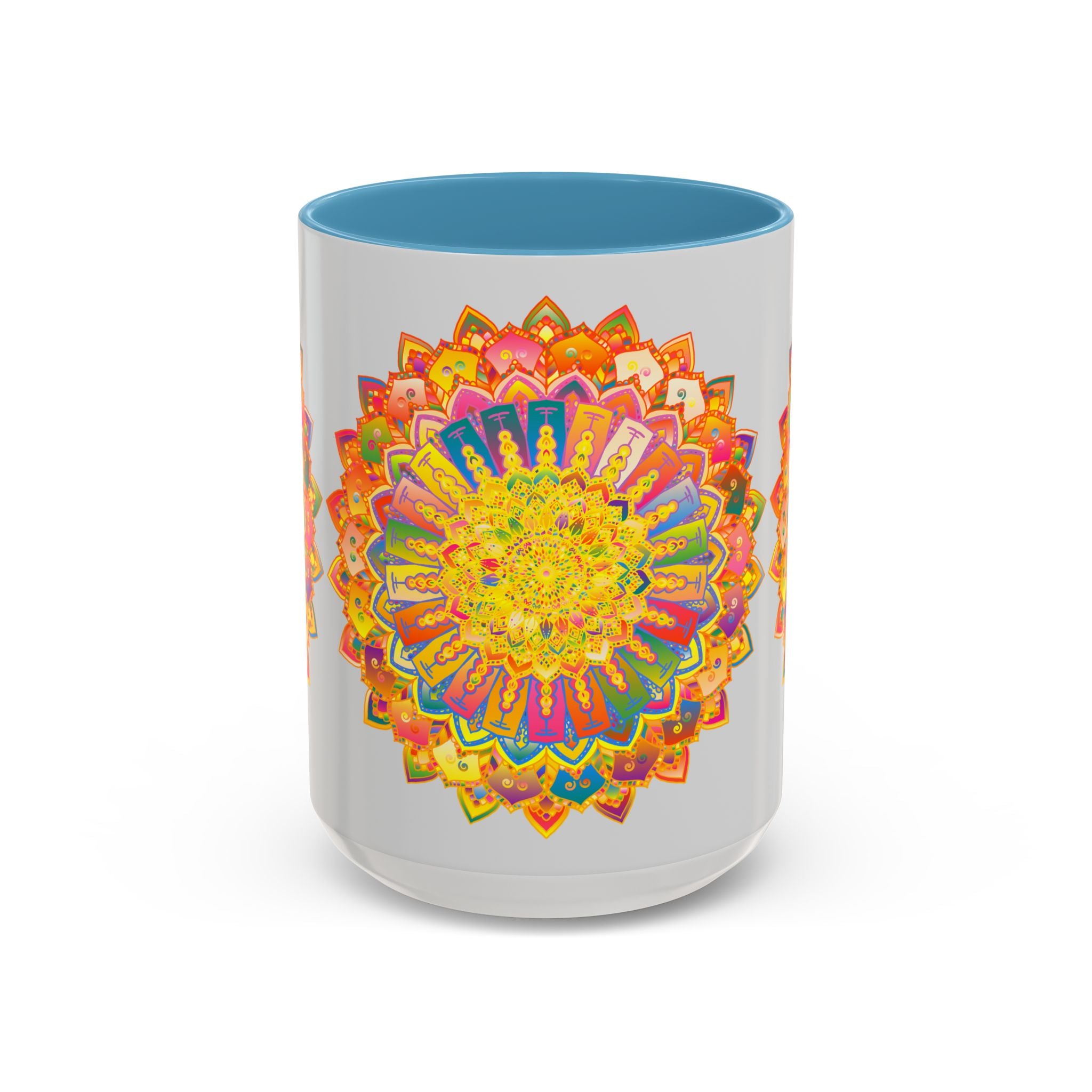 Colorful mandala design mug on a grey background