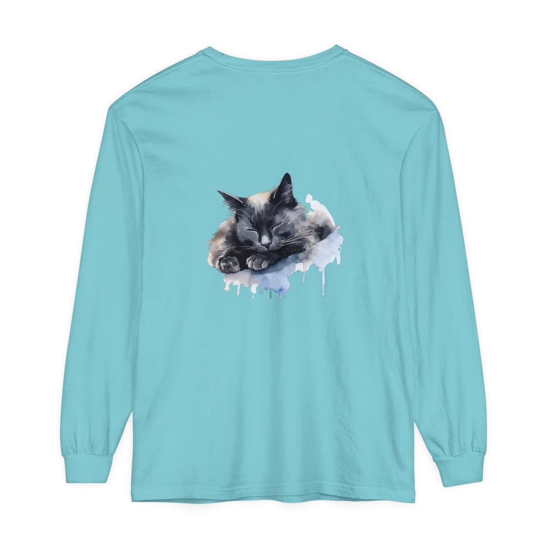 Adorable watercolor illustration of a sleeping cat on a comfortable t-shirt