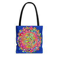 Dark blue tote bag with colorful mandala art design, perfect for carrying all your essentials in style