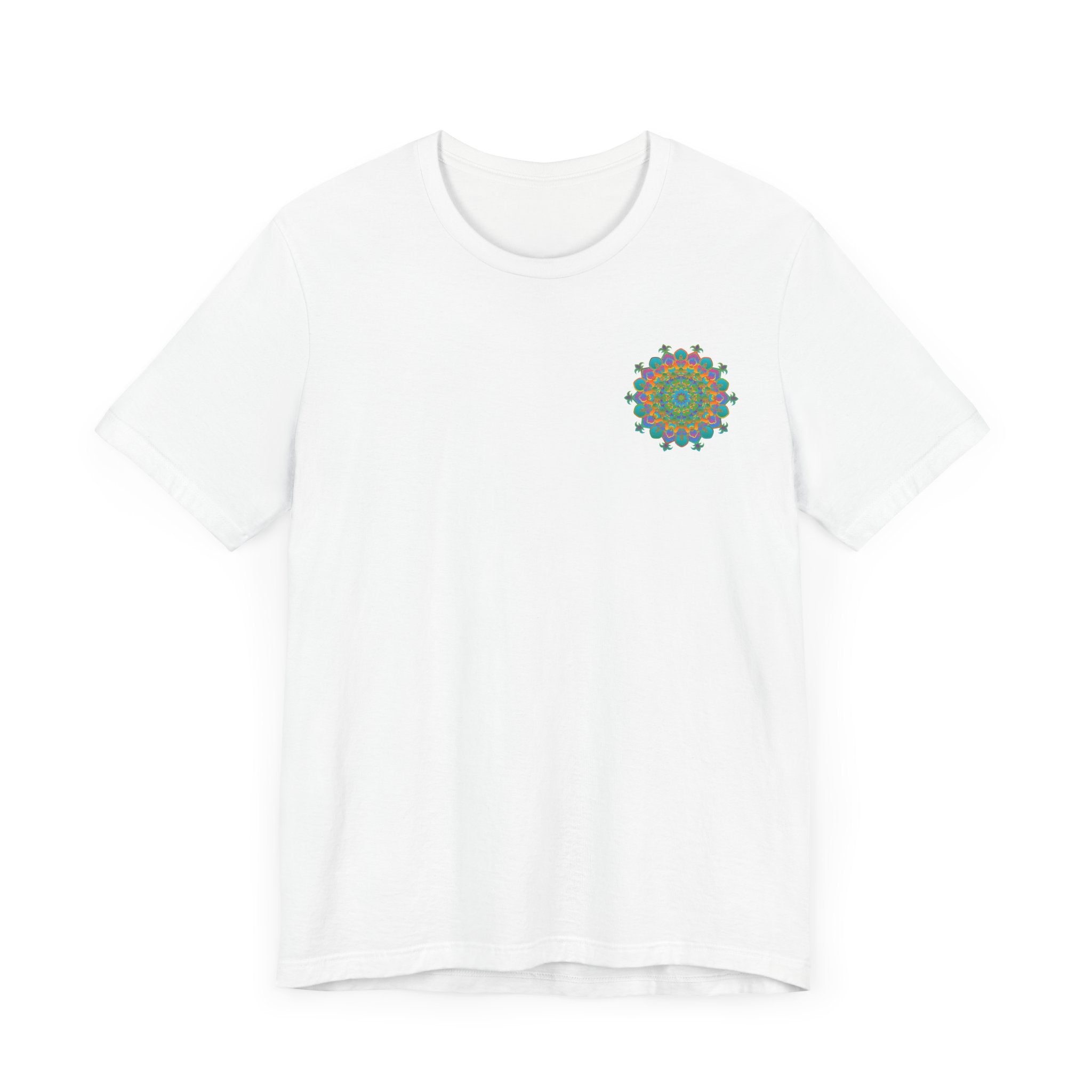 A colorful and intricate mandala design tee promoting spiritual peace and harmony