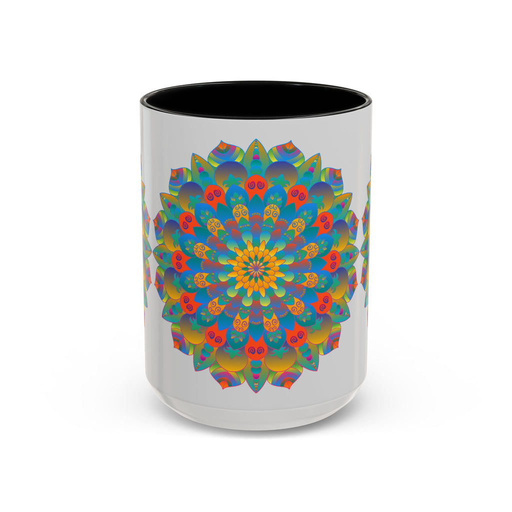 A colorful mug featuring a vibrant mandala art design in yellow, orange, and blue hues