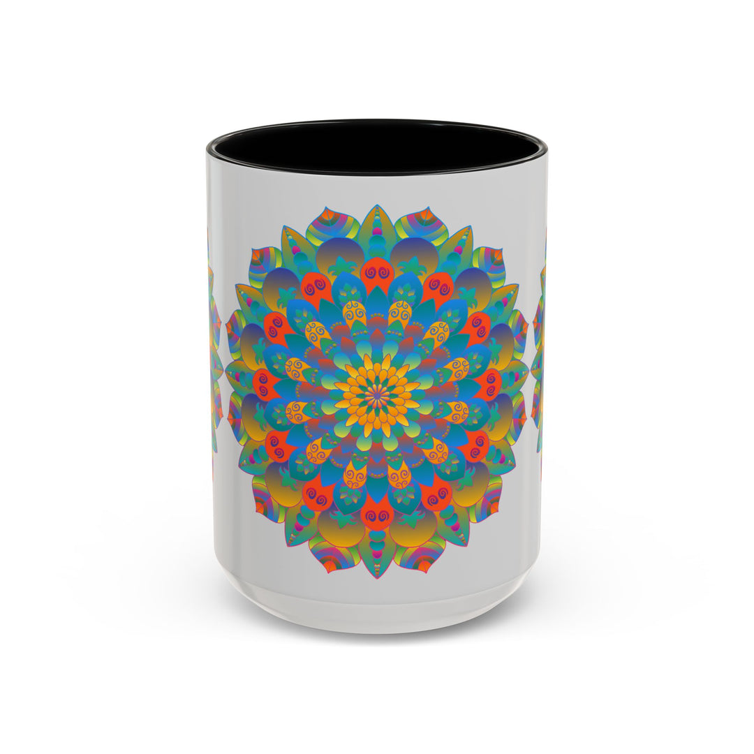 A colorful mug featuring a vibrant mandala art design in yellow, orange, and blue hues