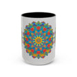 A colorful mug featuring a vibrant mandala art design in yellow, orange, and blue hues