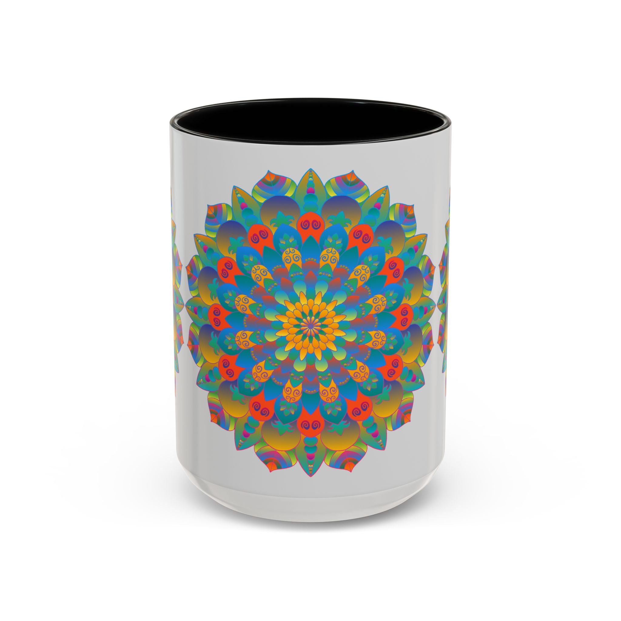 A colorful mug featuring a vibrant mandala art design in yellow, orange, and blue hues