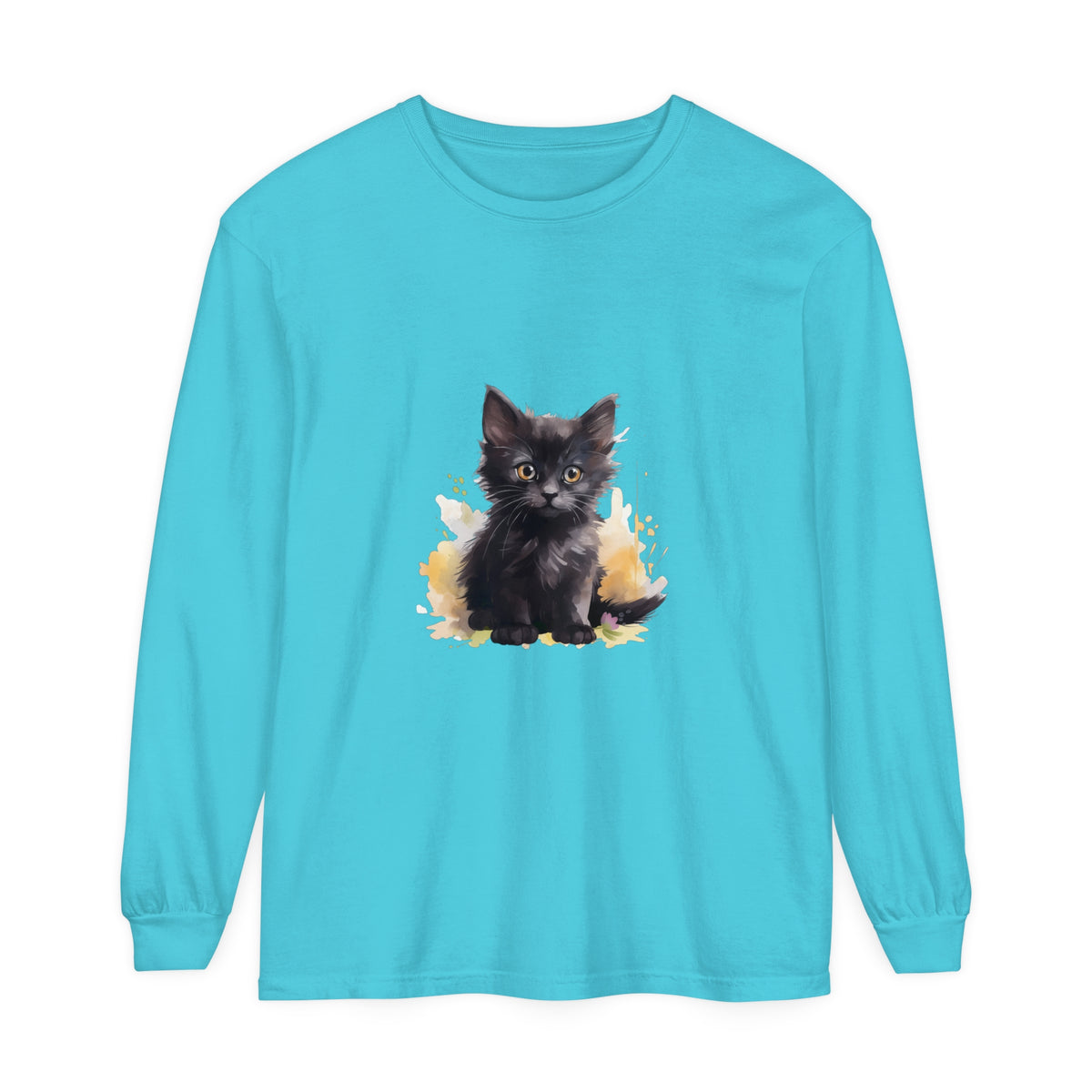 Black Kitten Watercolor Splash T-Shirt with cute cat design and vibrant colors