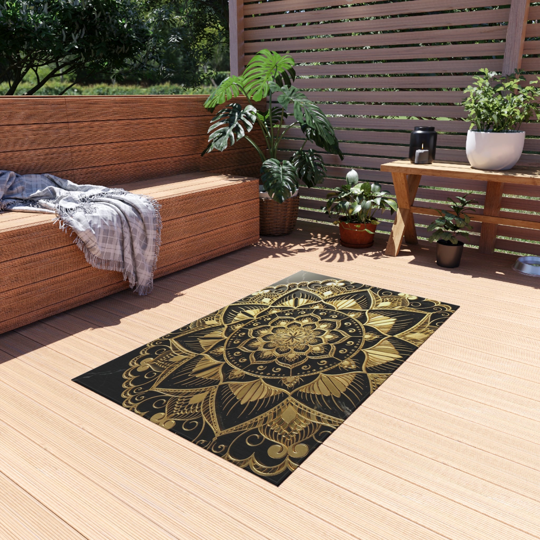 Gold Mandala Outdoor Rug — Boho Patio Mat for Porch, Deck & Garden