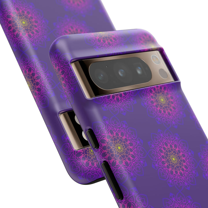 Intricate Purple Floral iPhone Case with Bold Mandala Design