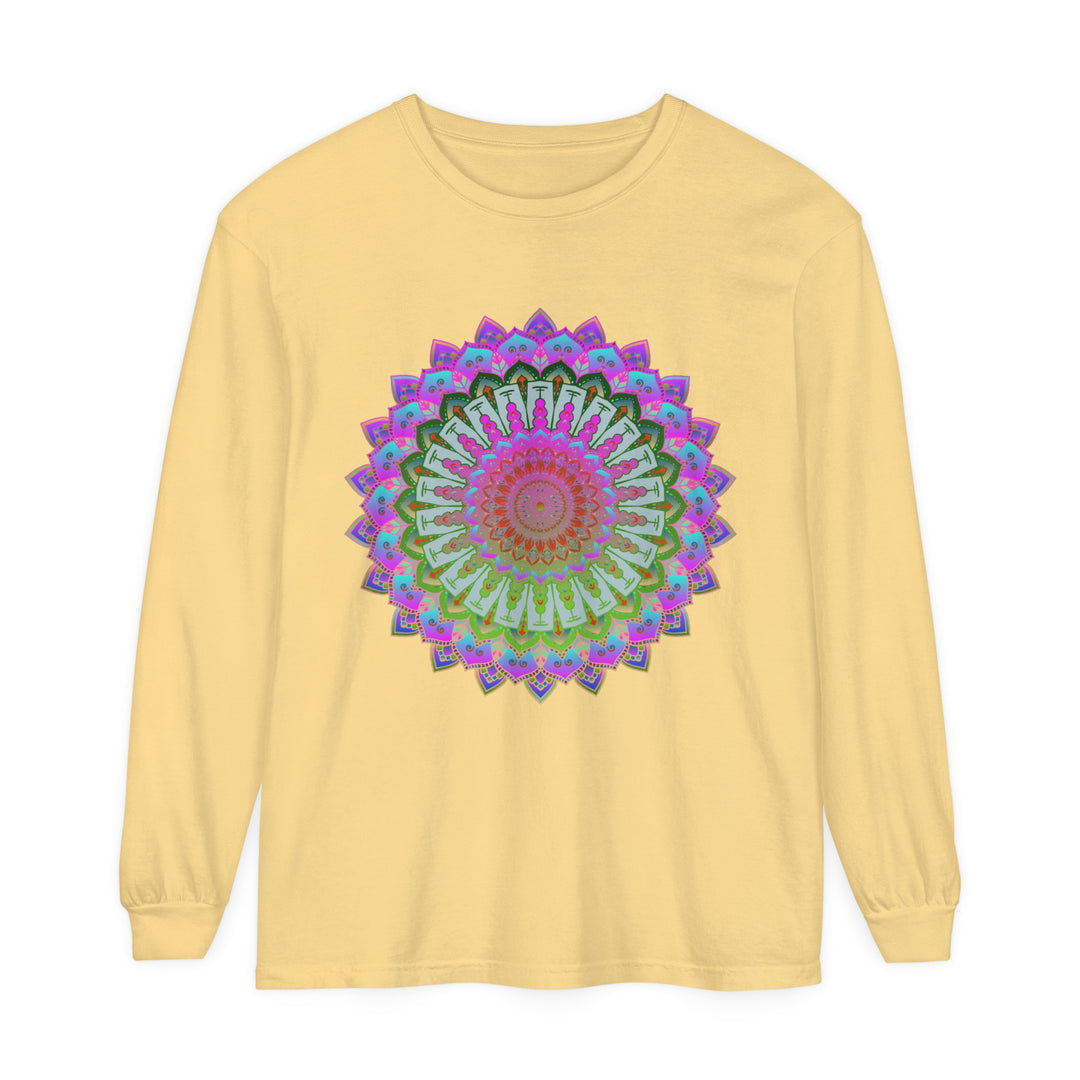 High-quality unisex long sleeve t-shirt adorned with a stunning mandala pattern