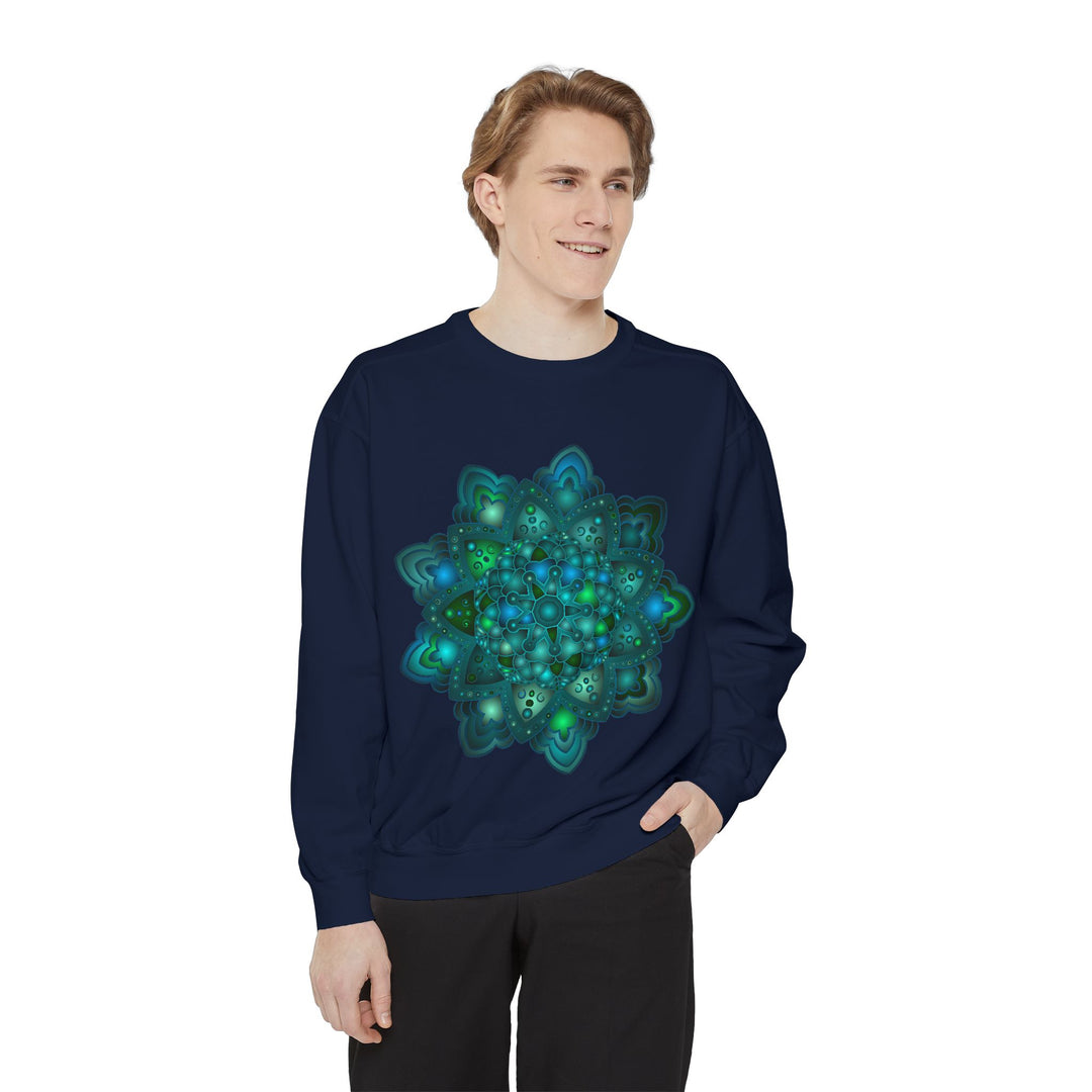 Intricate blue and green mandala sweatshirt with detailed geometric patterns and vibrant colors for a stylish and unique look