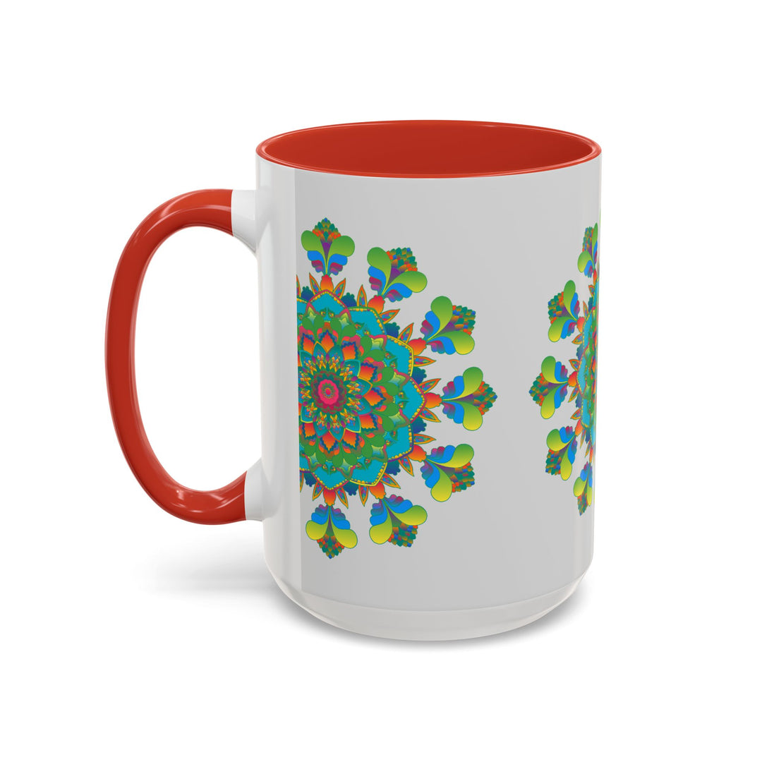 Beautiful mandala art mug featuring vibrant colors on a grey background