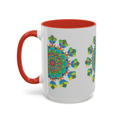 Beautiful mandala art mug featuring vibrant colors on a grey background