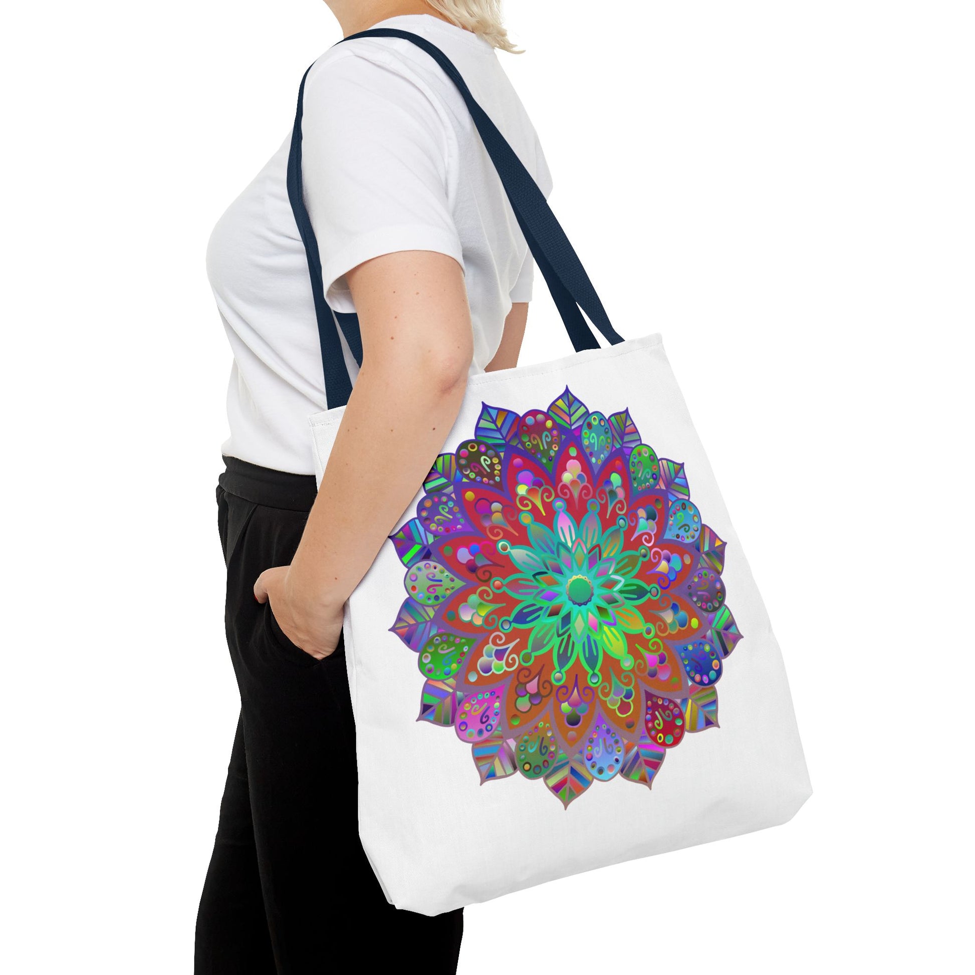 Vibrant and intricate mandala design tote bag with colorful all-over print